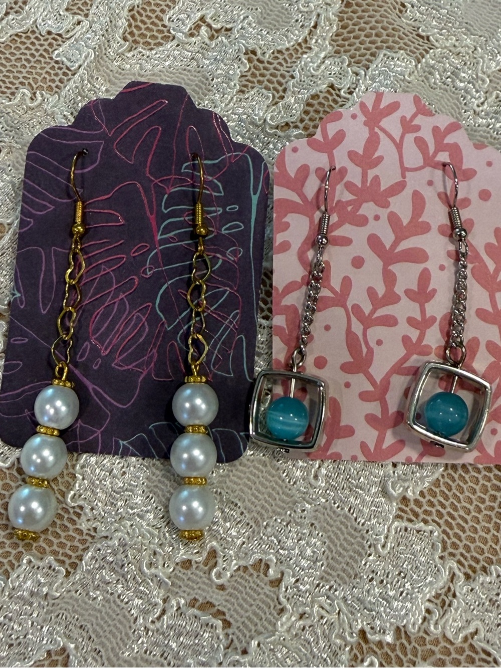 Faux pearl & faux turquoise beaded gold & silver tone dangle earrings set of 2
